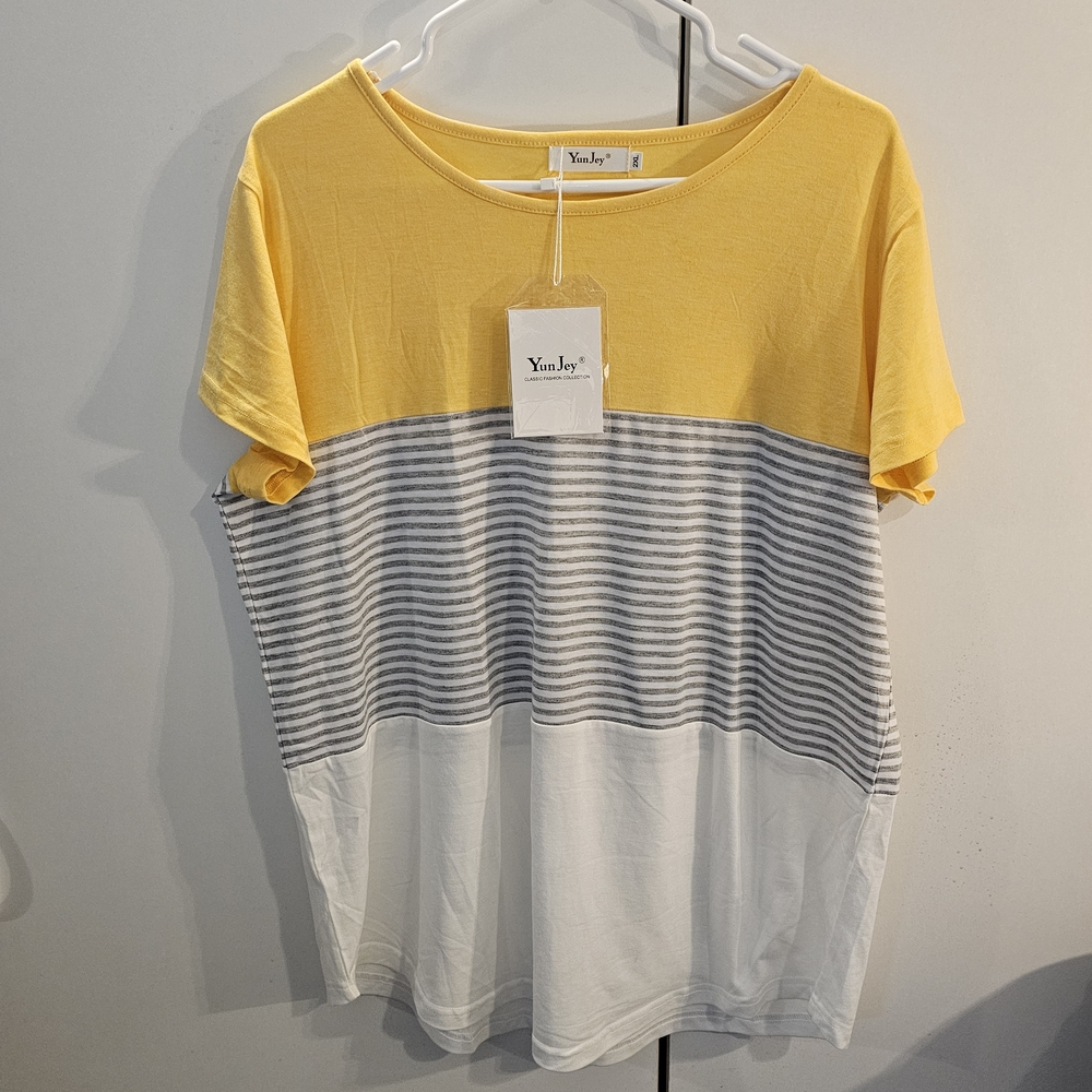Yellow and Gray Striped Women's Short Sleeve Top